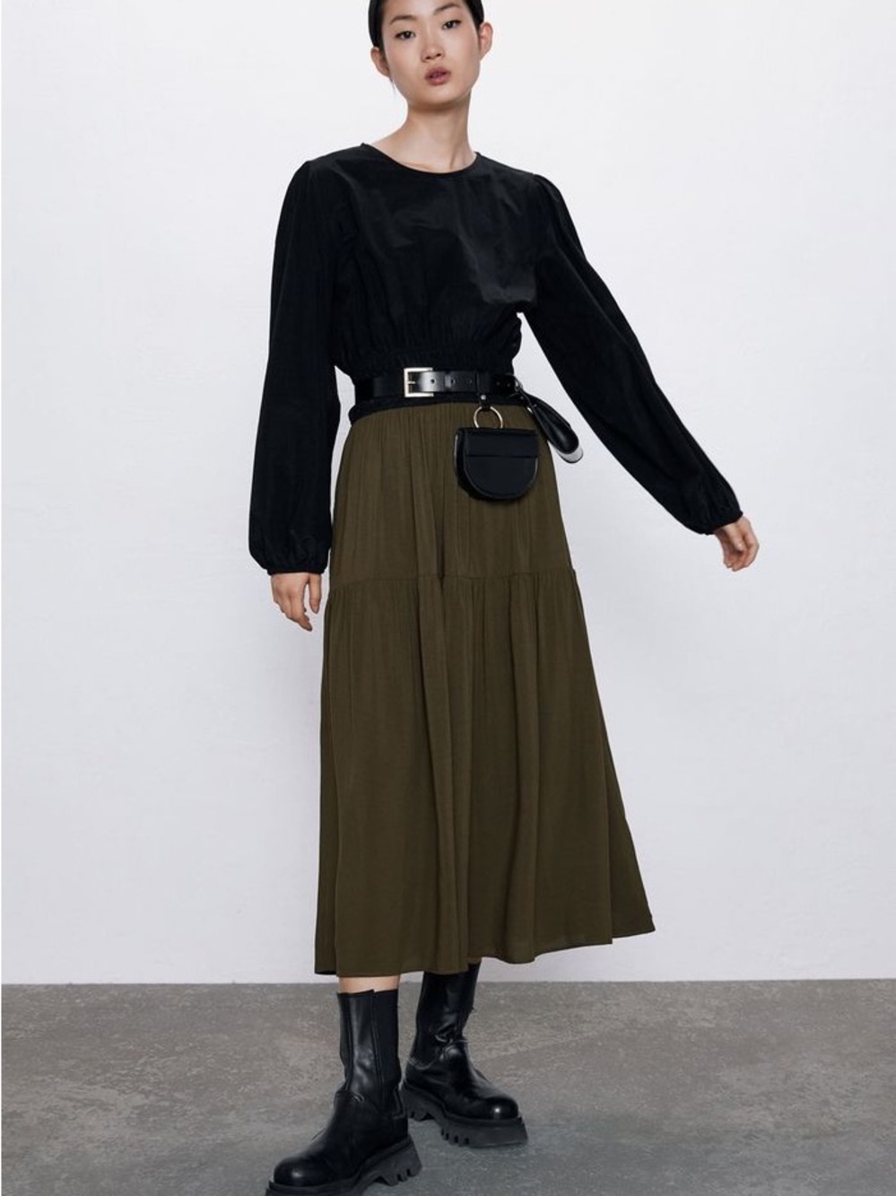 Zara Olive and Black Midi Dress - Women